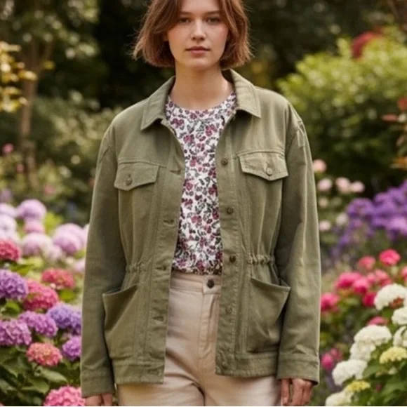 LOFT Puff Sleeve Drawstring Denim Jacket in Olive Green - Picture 8 of 8